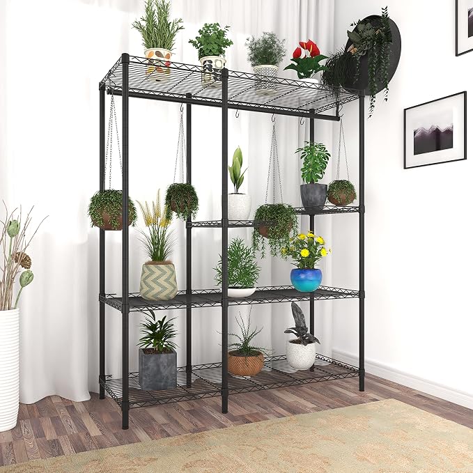 Xiofio 5-Tier Plant Stand for Indoor Outdoor, Large Reinforced Plant Shelf for Hanging Multiple Plants Plant Rack ,Adjustable Plant Stand Suitable for Bedroom Living Room Balcony Garden,Black