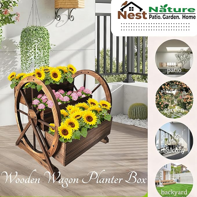 3 Tier Large Wooden Wagon Planter Box|Outdoor Planter/Flower Pot for Indoor&Outdoor Plants-Rustic Garden Planter for Patio,Porch&Garden Decor-Raised Garden Bed for Succulents,Herbs,Vegetables