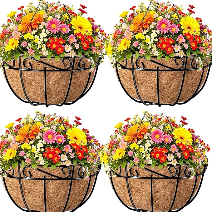 AMAGABELI GARDEN & HOME 4 Pack 15 Inch Metal Plant Hanging Baskets Planter Flower Pots Outdoor Indoor Wire Hanging Basket for Vegetable with Coco Fiber Liners for Garden Home Porch Decor