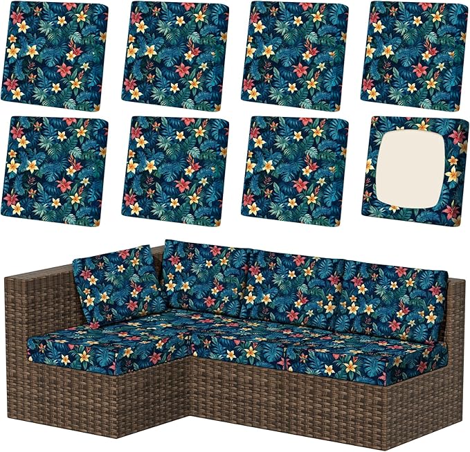 8Pcs Patio Stretch Cushion Covers, Outdoor Couch & Sofa Replacement Slipcovers for Patio Furniture Cushion Covers, Washable Reusable Furniture Protector, Square Large, Tropical Flower