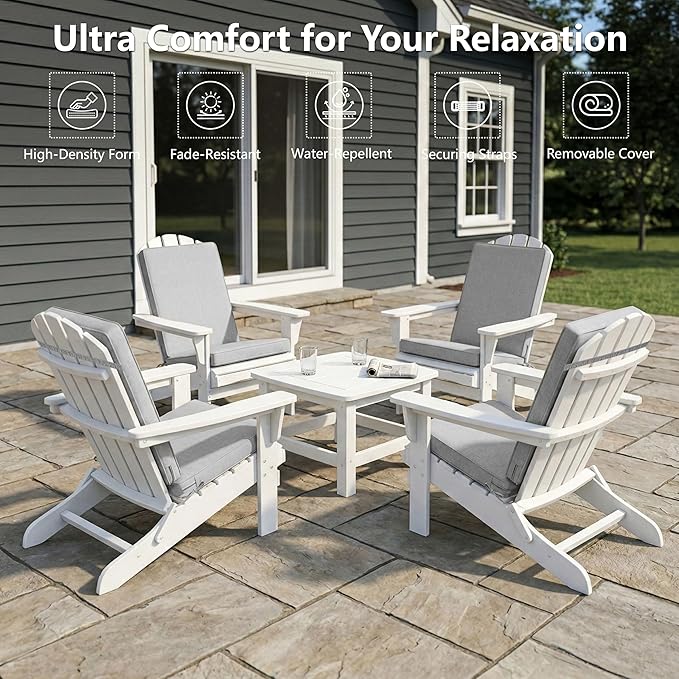 Adirondack Chair Cushions Set of 4 - Removable Covers, Water-Repellent & Fade-Resistant Faux Linen, Securing Straps, Non-Slip Bottom, Fit for Most Outdoor Adirondack & Rocking Chairs - Light Grey