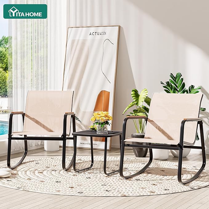 YITAHOME 3 Piece Rocking Bistro Set, Outdoor Patio Furniture Set with Wooden Armrests, Porch Chairs Set with Glass Table for Lawn, Garden, Balcony, Poolside, Beige