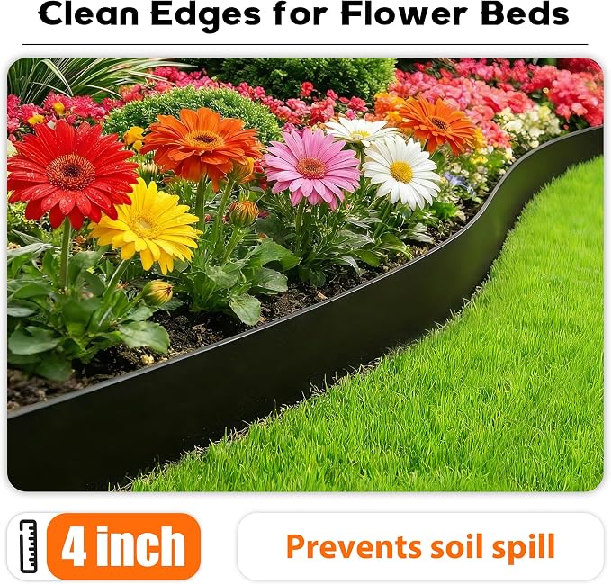 Landscape Edging 4 Inch Tall No Dig Garden Edging Border 60FT with 60 Metal Stakes,Lawn Edging for Yard, Flower Bed and Landscaping (Black, 60FT x 4 Inch)