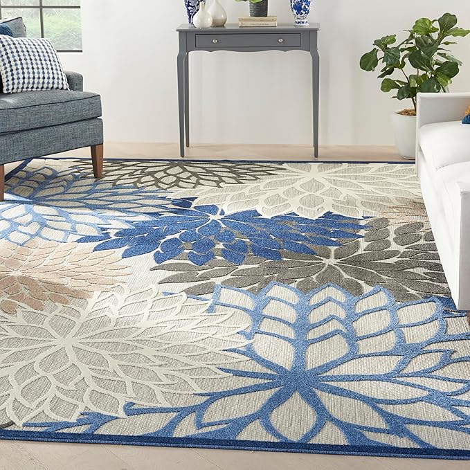 Nourison Home Aloha Indoor/Outdoor Blue/Multicolor 10' x 14' Area Rug, Tropical, Botanical, Easy Cleaning, Non Shedding, Bed Room, Living Room, Dining Room, Deck, Backyard, Patio (10x14)