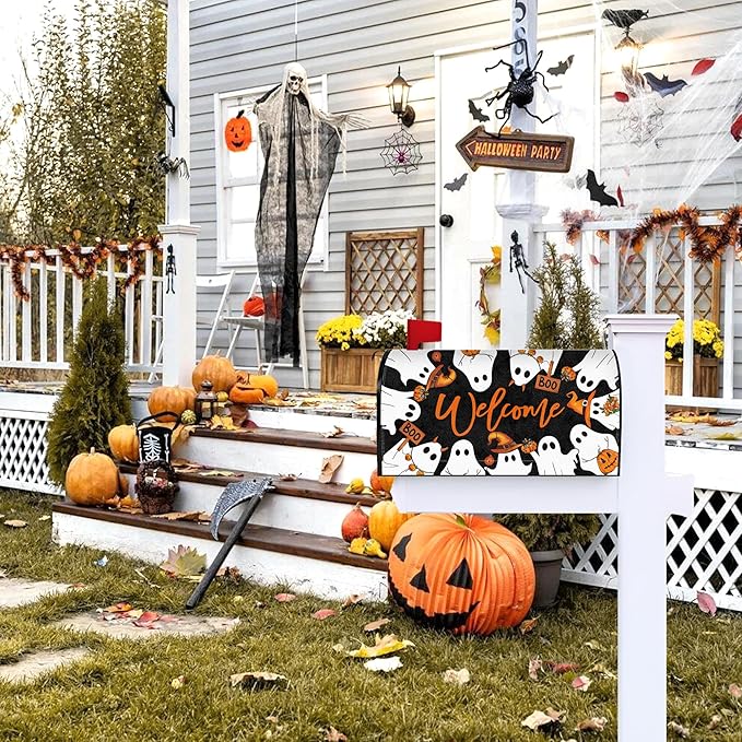 Halloween Boo Mailbox Cover Magnetic Ghost Mailbox Covers Halloween Spooky Post Letter Box Cover for Garden Yard Decor 25.5x21 Inch