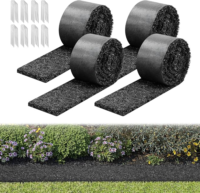 VEVOR Rubber Mulch Mat Roll, 4 Rolls 120 x 4.5 in, Recycled Rubber Permanent Mulch Edging Border, Natural-Looking Flower Barrier with Stakes, 0.5 in Thick Cuttable Garden Edgings for Landscaping