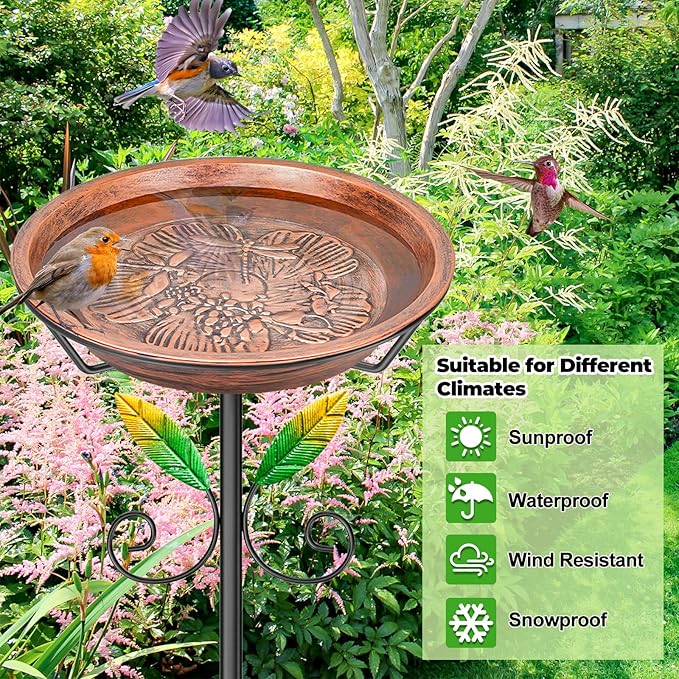 Metal Bird Bath for Outside Feeder Bowl, Detachable Birdbath & Birdfeeder with Base Stake, Vintage Bird Baths for Outdoors Garden Yard Lawn Decor (Dragonfly Vintage Brown)