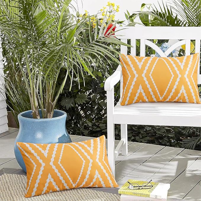 Adabana Outdoor Lumbar Waterproof Pillow Covers Set of 2 Boho Geometric Throw Pillows Cover for Patio Garden 12 x 20 Inch Yellow