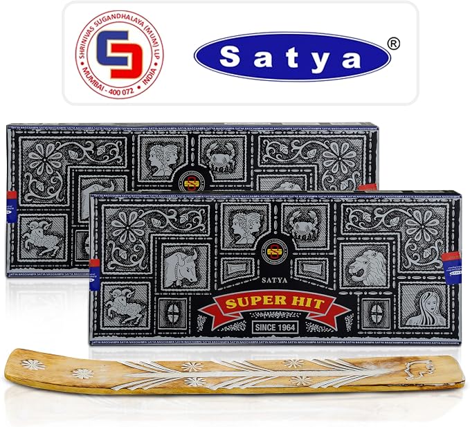 Satya Super Hit Incense Sticks 100g x 2 Pack (200g), Incense Holder Bundle, Nag Champa Natural Scent