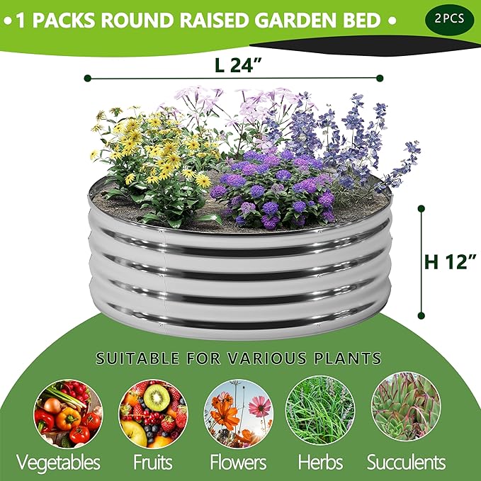 DIIYIV 2PCS 2x2x1FT Galvanized Raised Garden Bed Kit,Vegetable Boxes-Round Metal Flower Box,Large Planter Raised Beds Outdoor Garden for Planting,Fruit,Herb-Silver