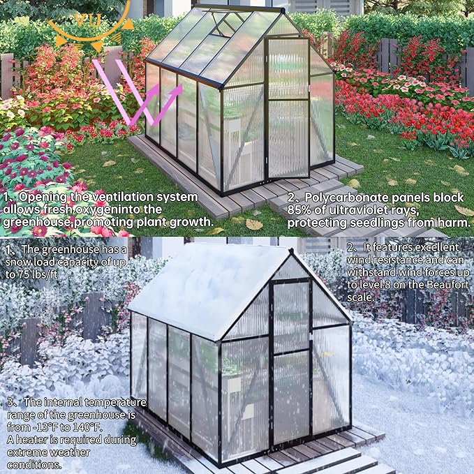 CQZY 6x8 FT Greenhouse for Outdoors,Aluminum Large Walk-in Greenhouse,Dark Gray
