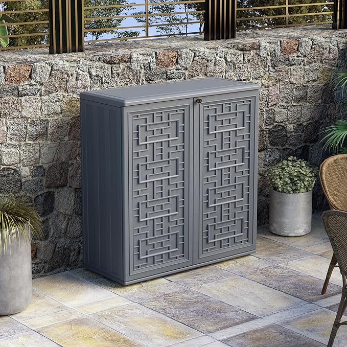 Mrosaa Indoor Outdoor Storage Cabinet Waterproof with Shelf,Plastic Storage Sheds Outdoor Cabinets for Patio/Garden/Backyard, Size 34.3''L*15''W*36.2''H（Gray）