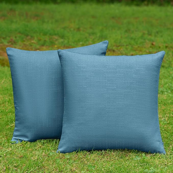 NiNi ALL Pack of 2 Decorative Outdoor Waterproof Pillow Covers Square Garden Linen Textured Cushion Sham Throw Pillowcase Set of 2 for Patio Farmhouse Garden Tent Couch 18x18 Inch Dark Blue