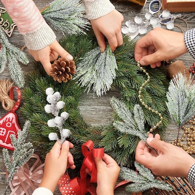 Lyrow 80 Pieces Christmas Snowy Pine Tree Picks Artificial Berry Stems Sprays Faux Cedar Pine Needles Branches for Holiday Arrangement Wreath DIY Garland Holiday Decor Winter Greenery (White)