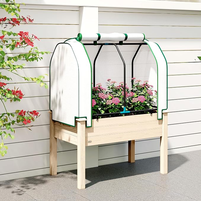 Outsunny Raised Garden Bed with PE Greenhouse Cover Outdoor Elevated Wood Planter Box for Herbs and Vegetables, Use for Patio, Backyard, Balcony, 35 x 22 x 47 inch, Natural