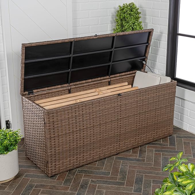 happimess TRK1002B Nino 59.06" Modern Minimalist Outdoor Faux Wicker Deck and Patio Storage Box, Brown, Soft-Close, for Package Delivery, Patio Furniture, Cushions, Gardening Tools, Pool Supplies