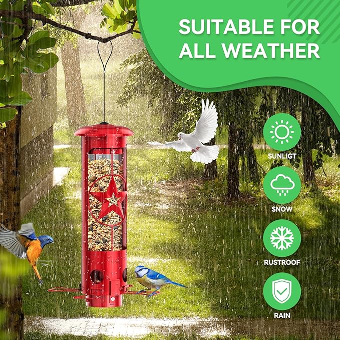 Squirrel Proof Bird Feeders for Outdoors with Weight-Activated, 3LB Large Metal Wild Bird Feeders for Cardinals,Blue Jay,Finch, Weatherproof Durable Tube Hanging Bird Feeder for Backyard,Garden,Patio