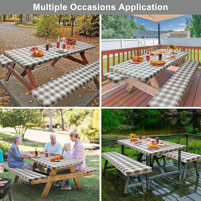 Picnic Table Cover with Bench Covers Camping Essentials Waterproof Windproof Camping Tablecloth with Drawstring Bag, Fitted Rectangle Tables and Seats, 72in, Gray White