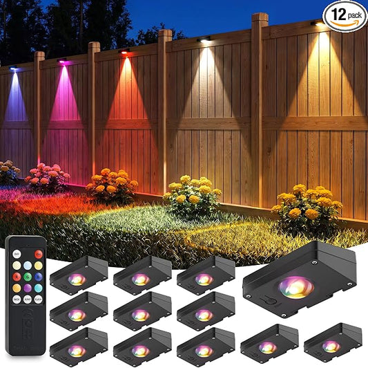 VOLISUN Solar Fence Lights with Remote Control, Fence Lights Solar Powered, IP65 Waterproof LED, RGB Color Changing Solar Light for Fence, Yard, Wall, Backyard (12 Pack,Black)