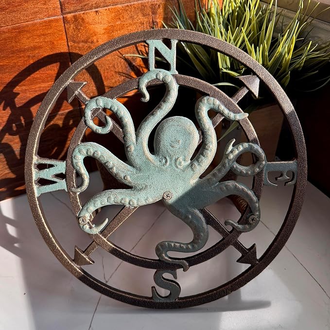 Zeckos 11.75 Inch Cast Iron Octopus Compass Rose Garden Hose Holder, Bronze Verde Patina Nautical Outdoor Wall Mounted Decorative Hose Hanger for Yard, Garden, Patio or Beach House