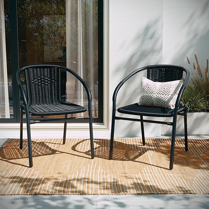 Flash Furniture Modern Rattan Indoor/Outdoor Restaurant Dining Chairs, Stackable Rattan Bistro Chairs for Patio or Restaurant, Set of 2, Black