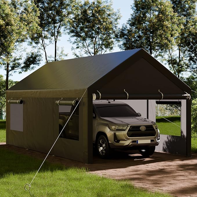 Shintenchi Carport 10' x 20' Heavy Duty Portable Garage, Carport Canopy with Side-Opening Door & Roll-Up Windows, Car Canopy for Truck,Car,Grey