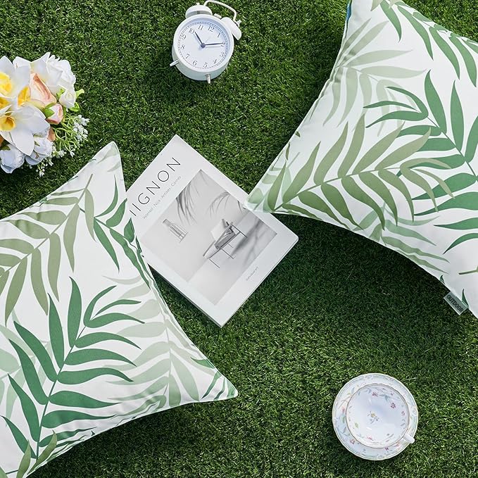 MIULEE Pack of 2 Decorative Outdoor Waterproof Spring Throw Pillow Covers Patio Pillow Cases Natural Leaves Pattern Square Cushion Shams Shell for Garden Balcony Couch 18x18 Inch, Sage Green