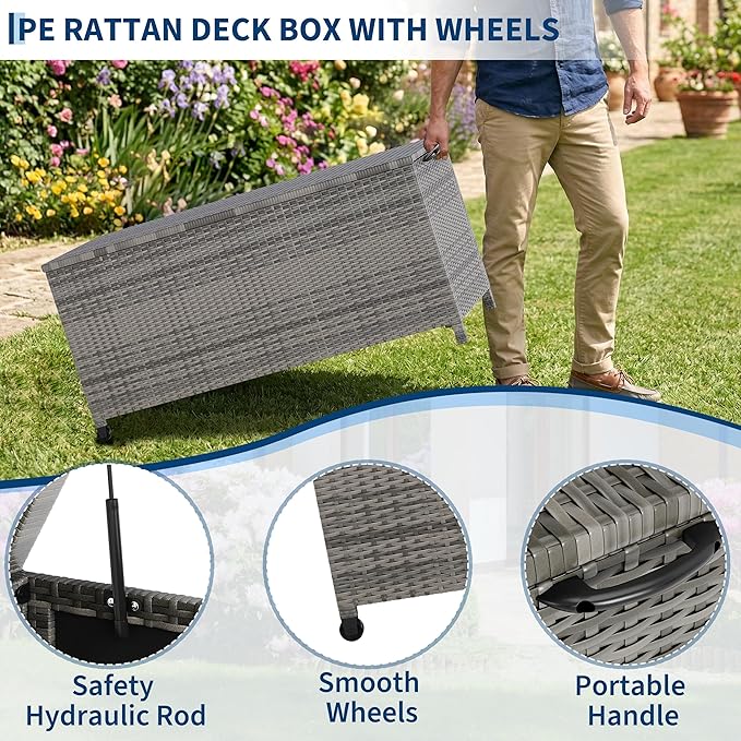 125 Gallon Large Deck Box Waterproof PE Rattan Outdoor Storage Box with Handles and Wheels, Storage Bin for Garden, Balcony, Porch, Pool, Yard