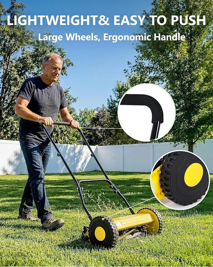 Eco-Friendly Quiet Hand Push Lawn Mower – 16-Inch 5-Blade Manual Reel – Adjustable Cutting Height, Lightweight, Easy Assembly – Ideal for Small to Medium Yards – Yellow | 16 inches - Color