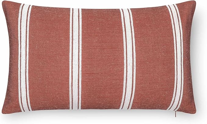 Crumbs Home Modern Farmhouse California Casual Indoor Outdoor Lumbar Pillow Cover, 12"x20" Water Repellent for Patio, Backyard, Couch, Poolside, Rust Orange White Embroidered Stripes