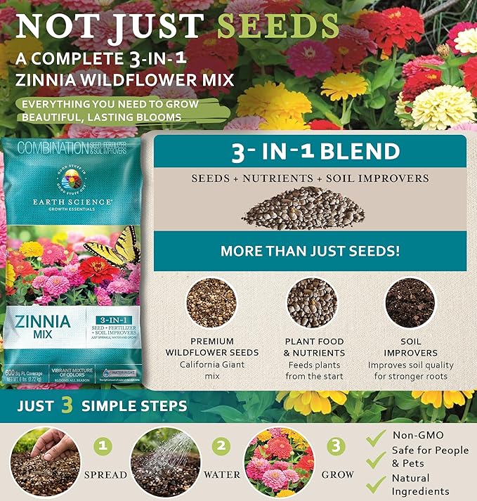 Earth Science Zinnia Wildflower Mix for 2026—6lb – 3-in-1 Seeds Plant Food & Soil Conditioner – Non-GMO Vibrant Flowers for Gardens Low Maintenance Attracts Pollinators – Covers 600 Sq Ft Eco-Friendly
