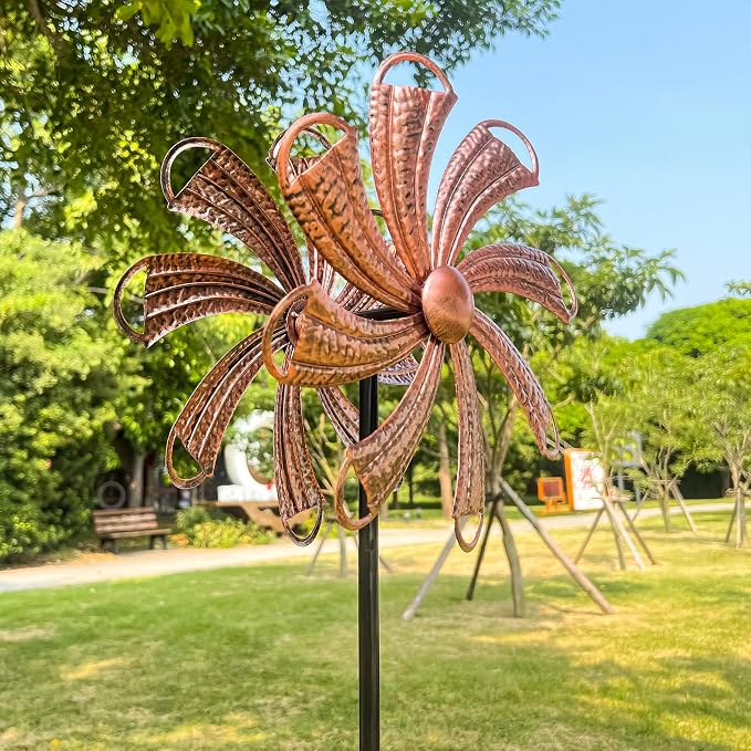 Wind Spinners Outdoor, Copper Flower Double-Sided 360° Wind Spinner with Stake, Metal Garden Yard Decor (12.3" Dia x 54" H)