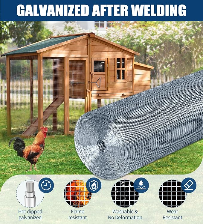 Hardware Cloth 1/2 Inch 16 in x 50 ft 19 Gauge, Hot Dip Galvanized Mesh Rolls Welded Chicken Wire Fencing for Chicken Coop Barrier, Poultry Netting Cage Wire Fence