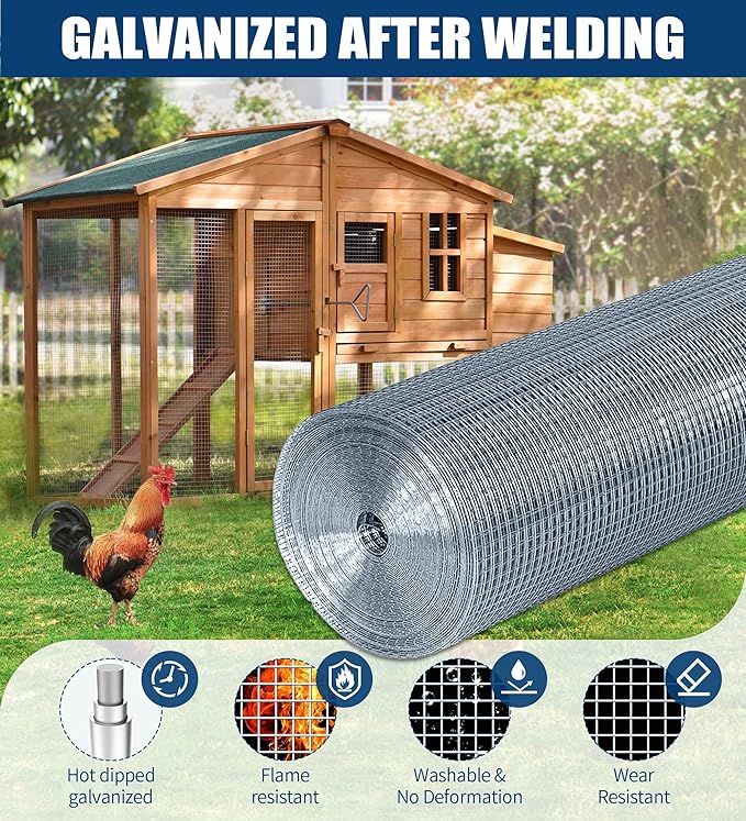 Hardware Cloth 1/2 Inch 24 in x 100 ft 19 Gauge, Hot Dip Galvanized Wire Mesh Rolls Welded Chicken Wire Fencing for Chicken Coop Barrier, Poultry Netting Cage Wire Fence(1/2 inch 24''× 100')