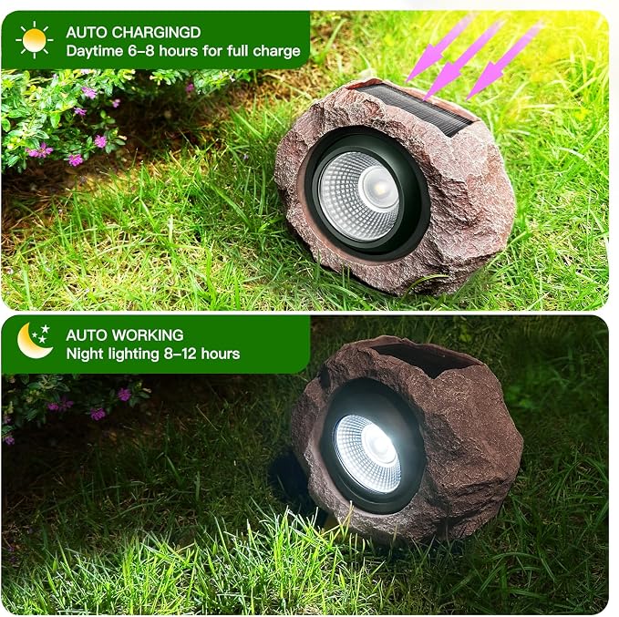 Timeflies Solar Rock Lights Outdoor, 2 Pack Super Bright Solar Spot Lights Outdoor IP65 Waterproof Solar Yard Lights, Auto On/Off Garden Decor for Outside Paths, Sidewalks, Yards, Landscapes, Patios