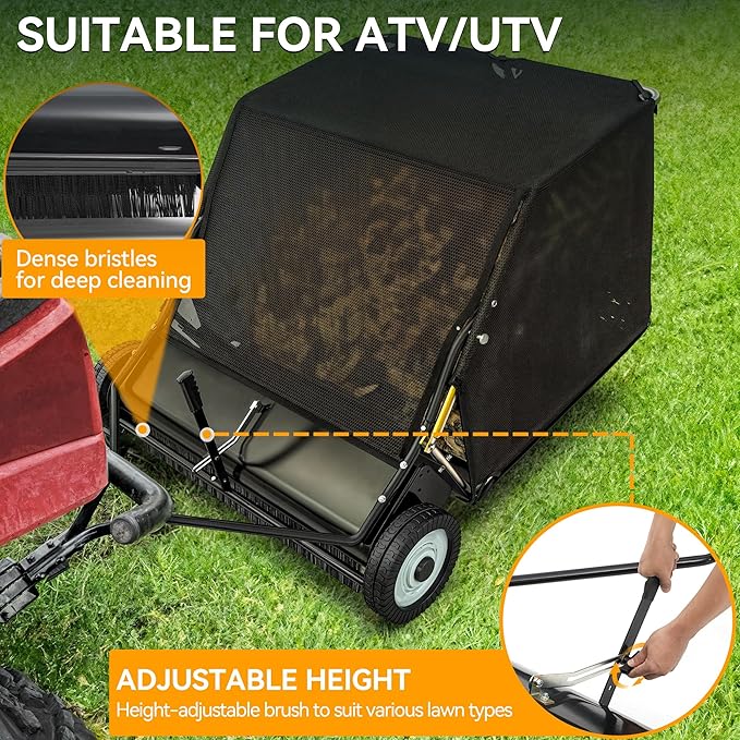 YINTATECH Tow-Behind Lawn Sweeper,42" Pull Behind Heavy-Duty Garden Sweeper with Hopper Bag,Grass Collector,Adjustable Brush Height,Anti-Splash Cover,Dumping Rope from Seat Handle for Yard Lawn