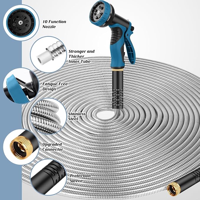 Garden Hose 100FT with 10 Function Nozzle, Water Hose with Leak-proof Connectors No-Kink Lightweight Puncture-proof Pet-proof Sturdy Hose for Outdoor Yard（Light Silver）