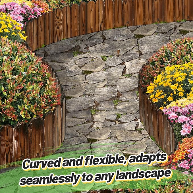 Rustic Pine Wood Landscape Edging - 15.6ft Total Length (2Pcs 7.8ft L x 8in H) Garden Fence Border, Easy to Install Sturdy Wooden Planter Fencing for Yard Flower Bed Lawns Pathway Tree