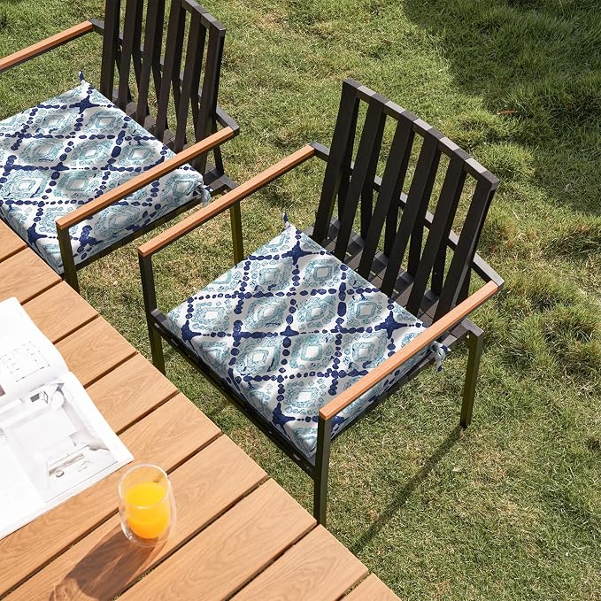 DYTXIII Set of 4 Outdoor Chair Cushions, Water Resistant 18.5"x16"x2" Square Seat Cushion for Patio Dining Chairs, High-Density Replacement Pads for Indoor Outdoor Furniture - Boho Geometry Blue