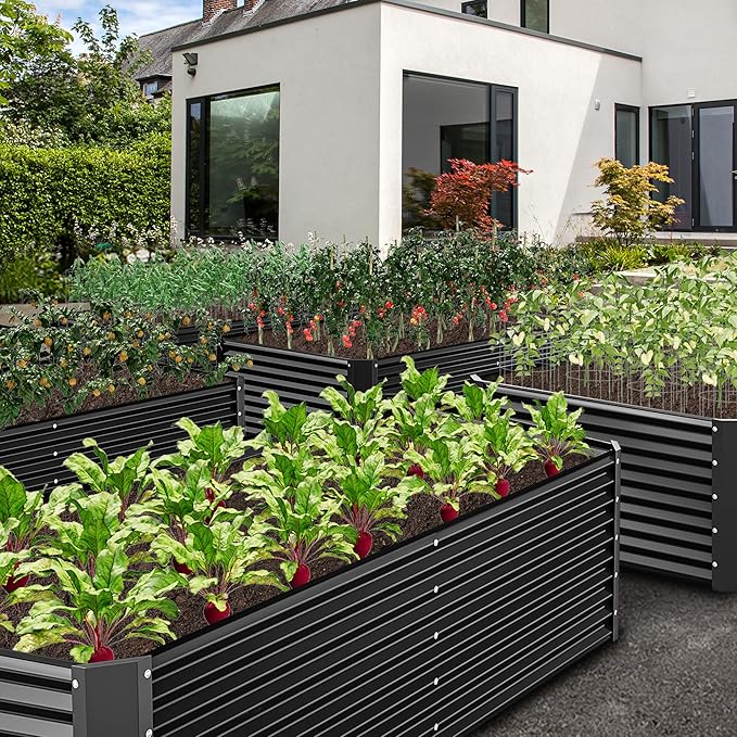 YITAHOME 8x4x2ft Raised Garden Bed Kit, Outdoor Large Metal Patio Planter Box with 2 Gloves, Ground Nails, Support Rod, and Safe Edge Curling Design for Plants Vegetables Flowers, Dark Gray