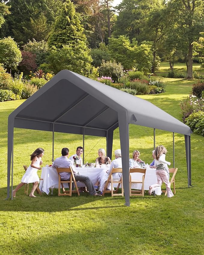 12x20 ft Portable Garage, Heavy Duty Carport with 200g PE Canopy, Roll-Up Doors and 4 Mesh Windows, 21 & 18 Galvanized Steel Frame, Outdoor Carport Shelter for Truck Boat SUV Tractor, Grey