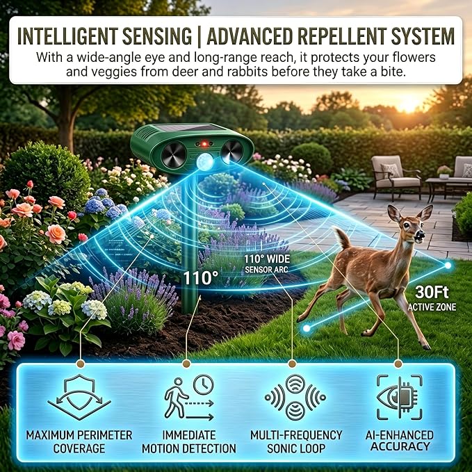 2026 Ultrasonic Deer Repellent Devices Solar Animal Repellent Outdoor with Motion Sensor to Keep Cat Rabbit Raccoon Out of Yard Garden Farm Squirrel Fortress Pro Deer Deterrent for Plant,4Pack