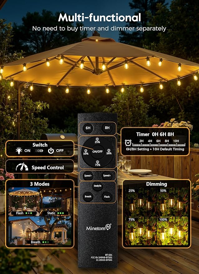 Minetom 79FT Solar String Lights Outdoor Waterproof, 24 LED S14 Shatterproof Bulb, Patio Lights with Remote Type-C Port Timable, 3 Light Modes Dimmable Solar String Lights for Outside, Yard, Camping