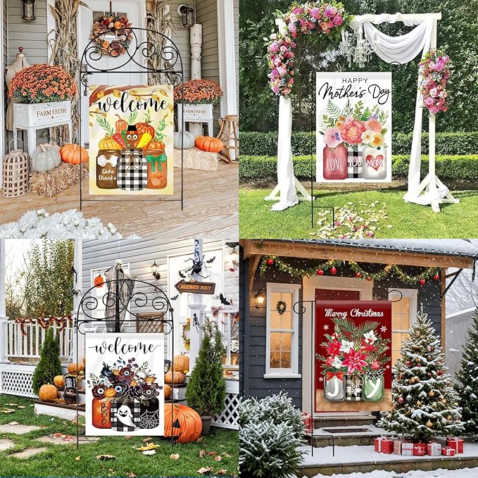 Seasonal Garden Flags Set of 12 Double Sided 12 x 18 Inch Glass Bottles Theme Yard Flags, Small Flags for Outside, Spring Easter 4th of July Outdoor Flags, Holiday Garden Flags for All Seasons