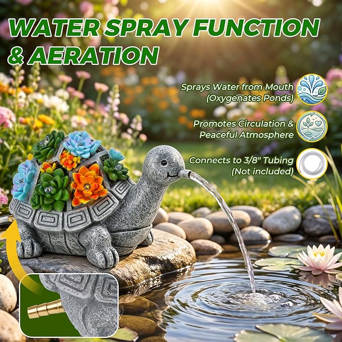 Jetec Solar Garden Statue Fountain Turtle, Pond Water Spitter Aerator, Lawn Decor Tortoise Statue with Succulent and LED Lights for Outdoor Patio, Yard, Ponds, Water Garden Decor