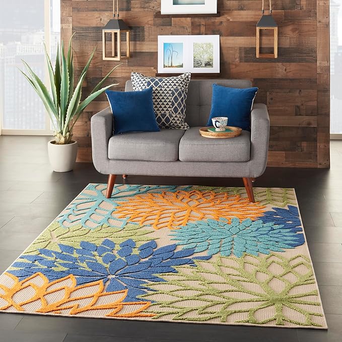 Nourison Home Aloha Indoor/Outdoor Multicolor 6' x 9' Area Rug, Easy Cleaning, Non Shedding, Bed Room, Living Room, Dining Room, Deck, Backyard, Patio (6x9)