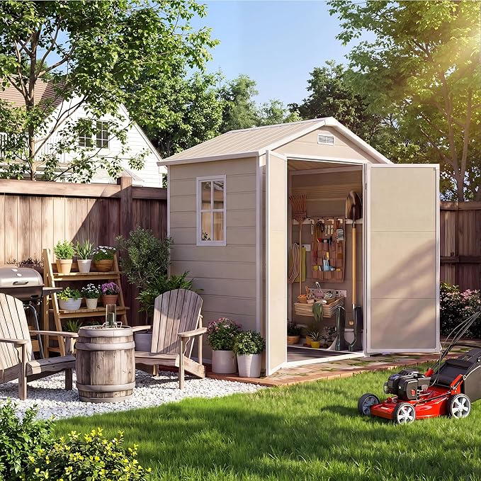 Resin Outdoor Storage Sheds 4x6 ft, Upgraded Double-Wall Outdoor Plastic Shed with Window & Double Doors, Waterproof Lockable Garden Shed (Light Brown, 6 X 4 ft)