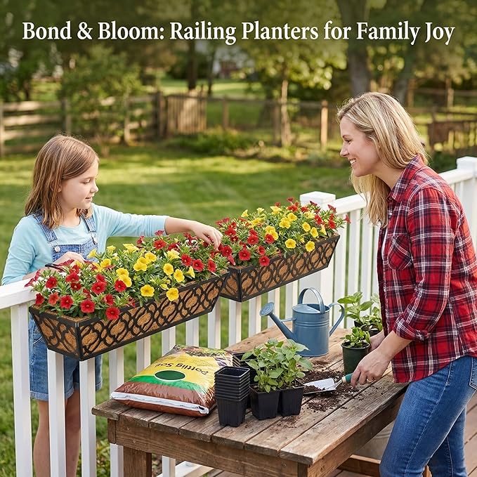 24 Inch Railing Planter Box with Coco Liner, Adjustable Metal Hanging Planter, Window Box for Balcony Deck Fence, Outdoor Flower Box Black, 2 Pack