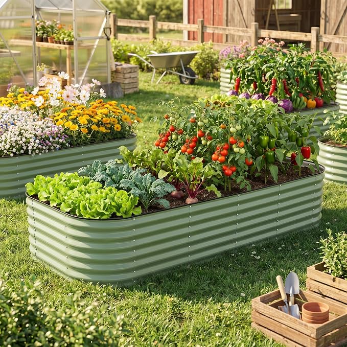 Raised Garden Bed 9x2 Ft, 17" Tall Galvanized Steel Metal Planter Box, 11-in-1 Modular Large Garden Bed Kits for Outdoor Vegetable Flowers, Olive Green