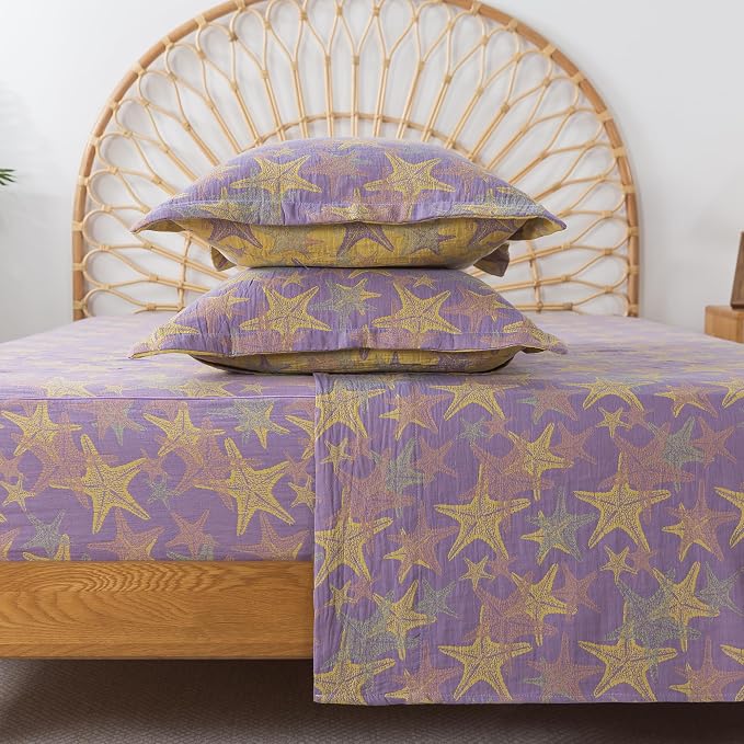 FADFAY Beach Theme Sheets Set Queen Purple Yellow Starfish Ocean Bedding Coastal Nautical Bedding Super Soft Washed Double -Layer Muslin Sheets 100% Cotton Deep Pocket Fitted Sheet 4Pcs, Queen Size